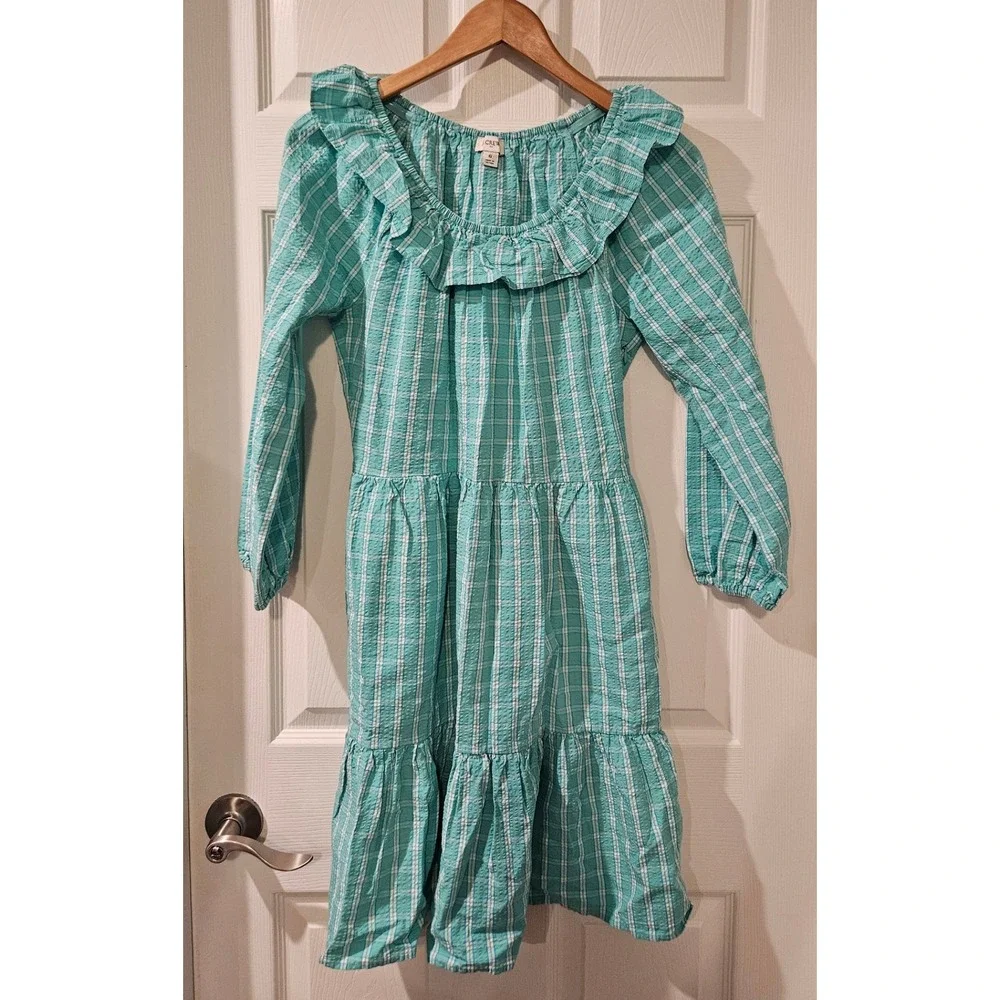 J.Crew Seersucker‎ Ruffleneck Mini Dress Womens 6 Green Plaid Cotton Long Sleeve